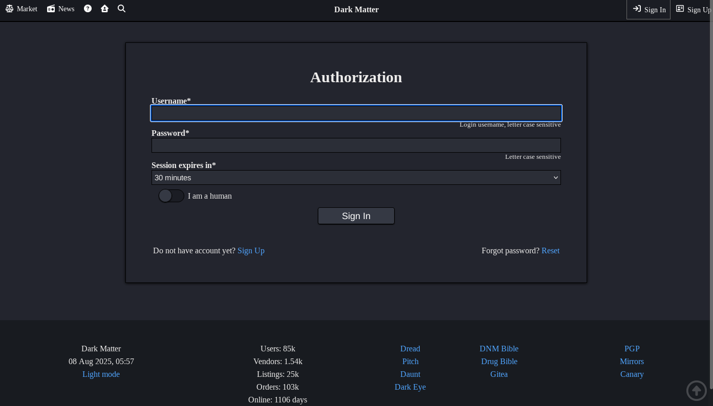 DarkMatter Market Login Page