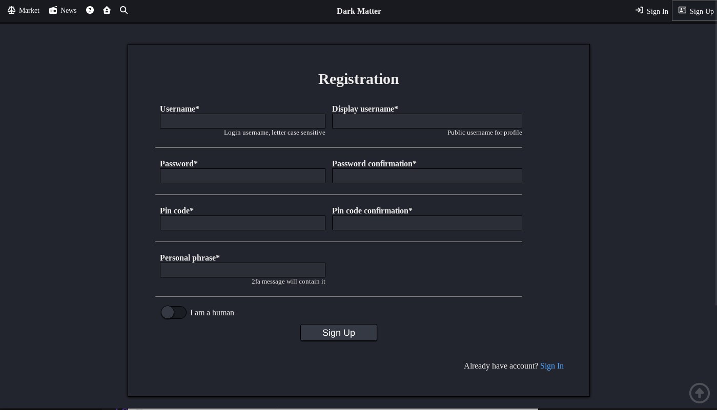 DarkMatter Market Signup Page